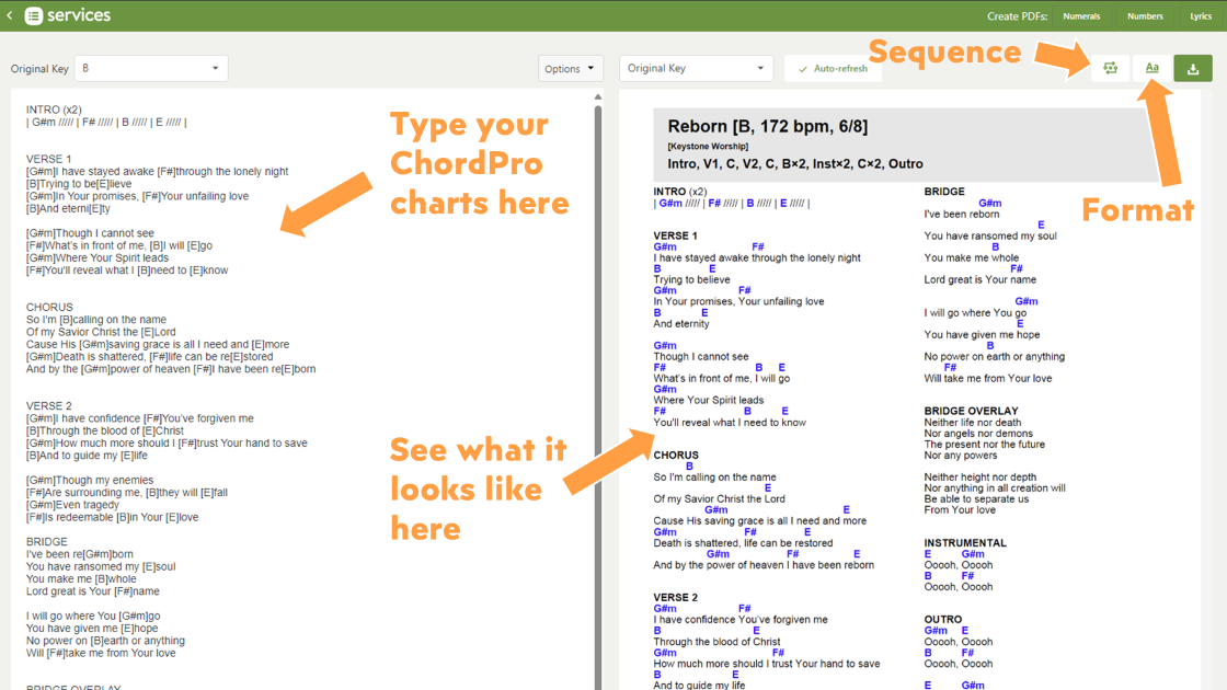 Using ChordPro in Planning Center Services to create a chord chart.