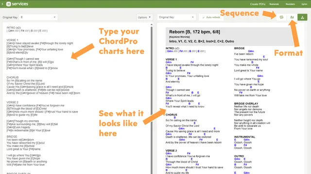 Using ChordPro in Planning Center Services to create a chord chart.
