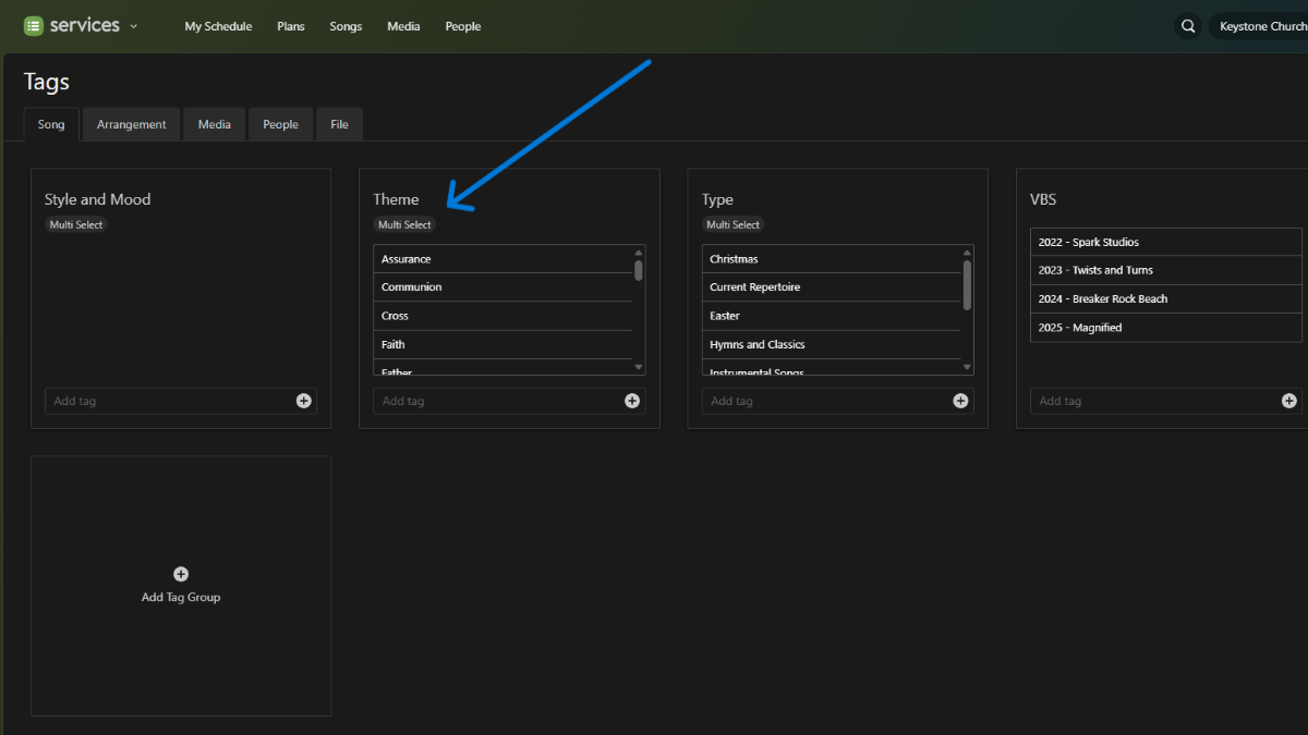 Using tags in Planning Center to filter songs by theme.