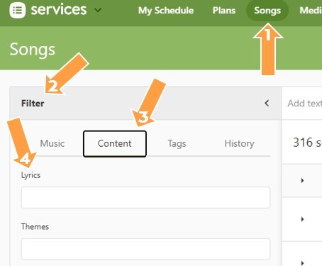 Searching songs in Planning Center by lyric content.