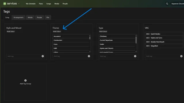 Using tags in Planning Center to filter songs by theme.