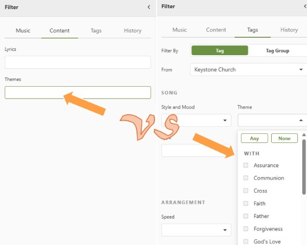 Using song themes vs. tags in Planning Center Services