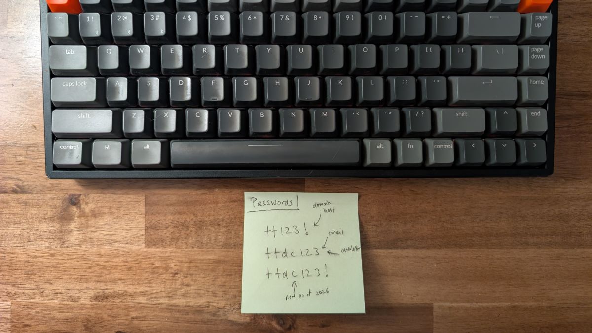 A sticky note with handwritten passwords.