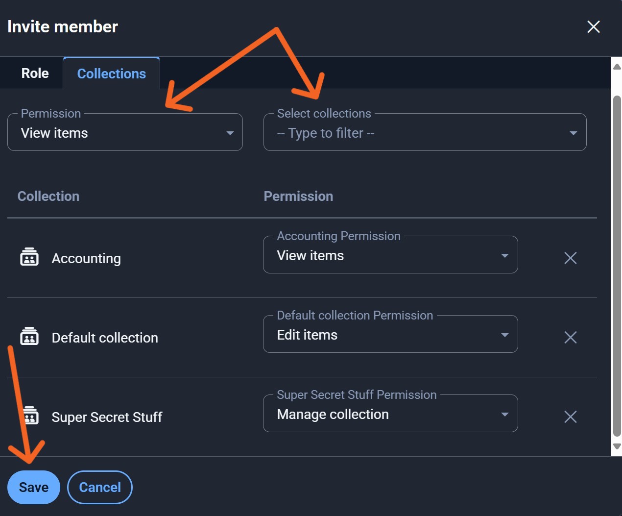 Set collection permissions for a user.