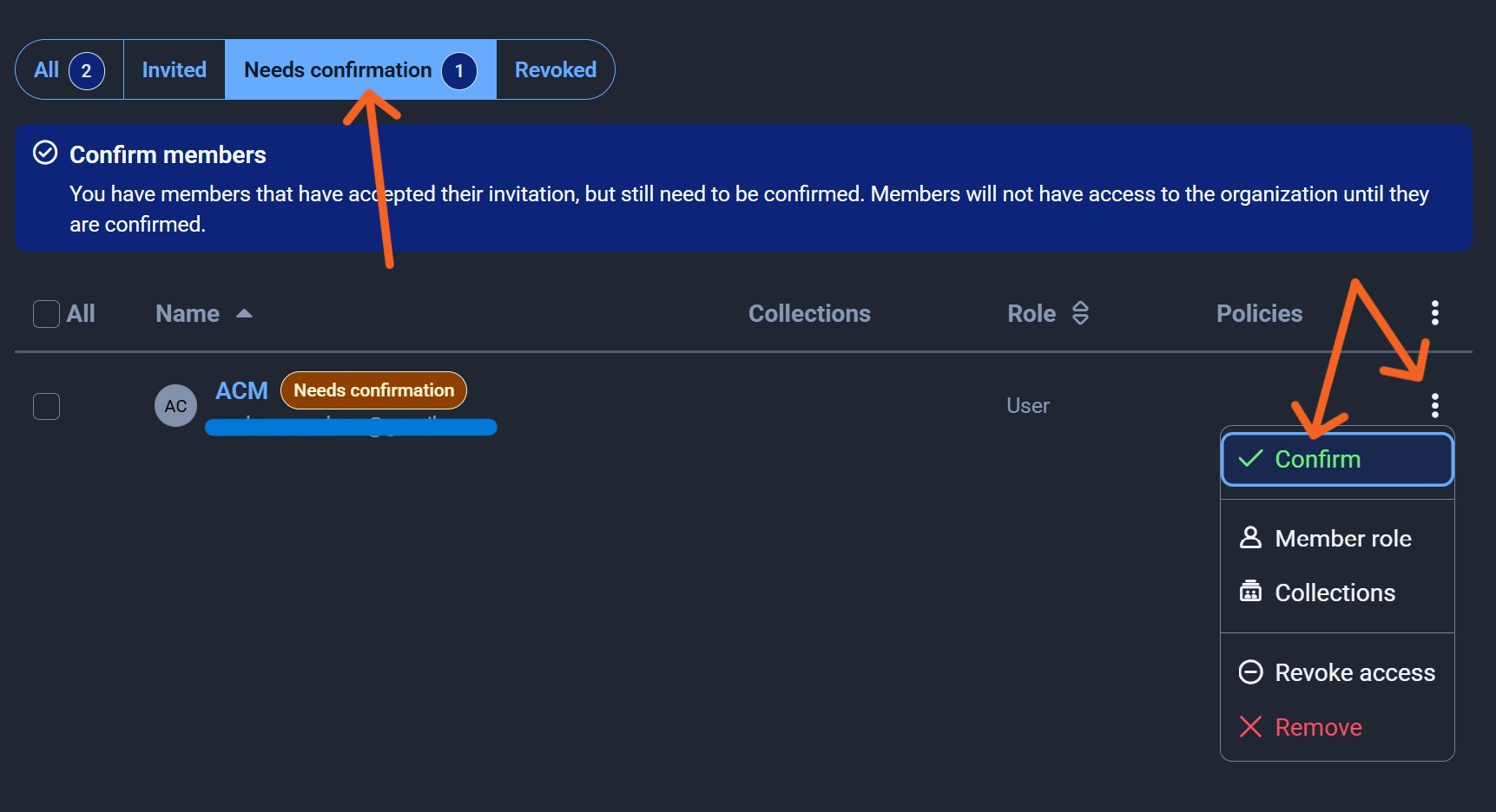 Confirm a new organization user.