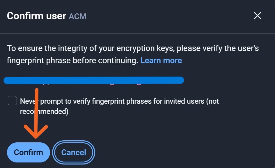 Confirm the user's fingerprint phrase.