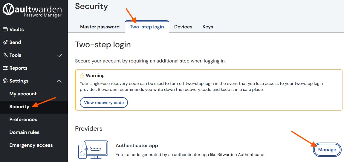 Manage authenticator apps in Vaultwarden.