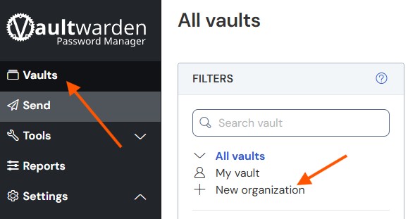 Create a new organization in Vaultwarden.