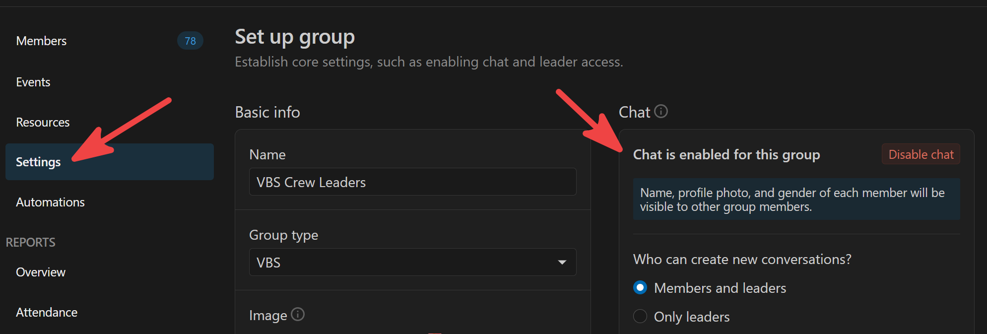 Enabling the chat feature within a Planning Center Group.