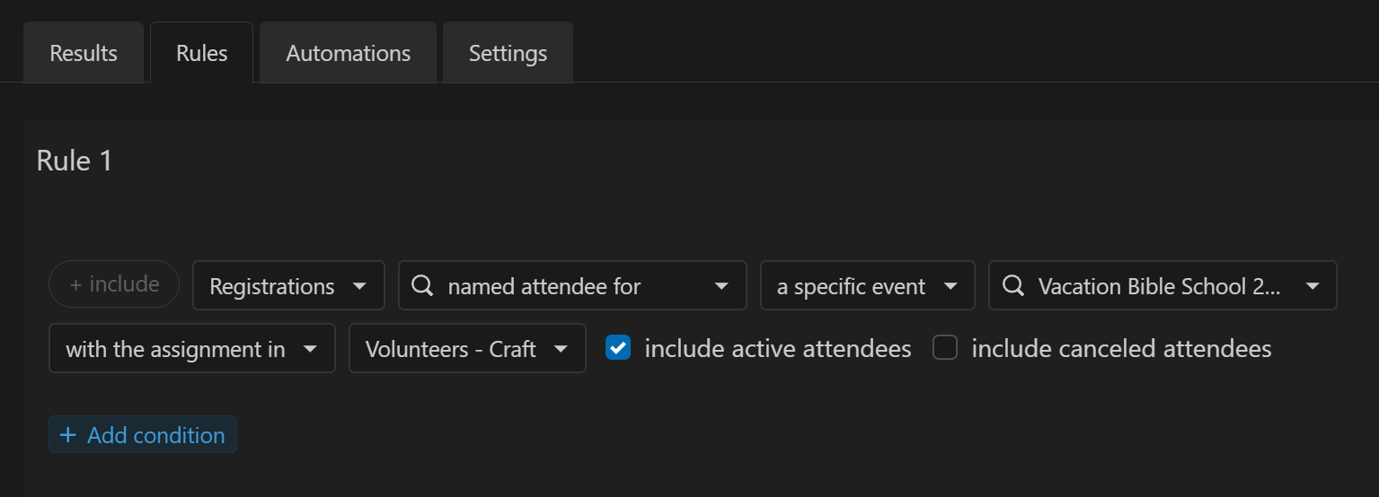 Create a rule in your Planning Center People list to filter specific volunteer roles from your signup.