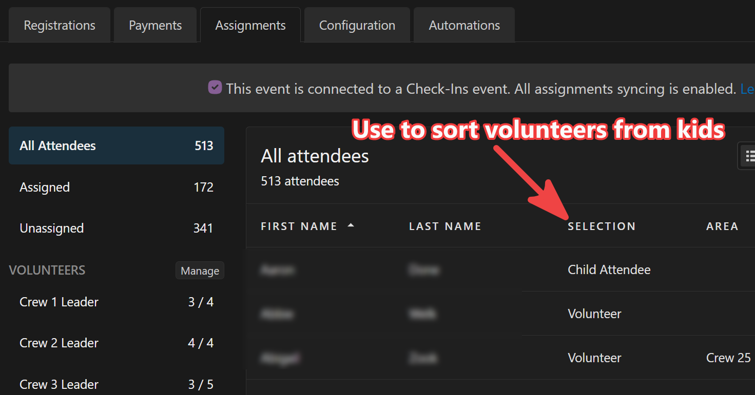 Sorting an assignment area by selection type.