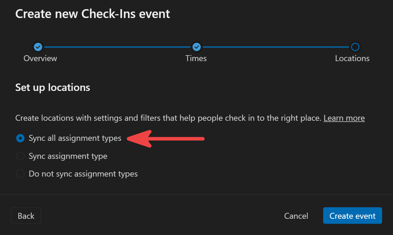Sync all signup assignment areas to Check-Ins as locations.
