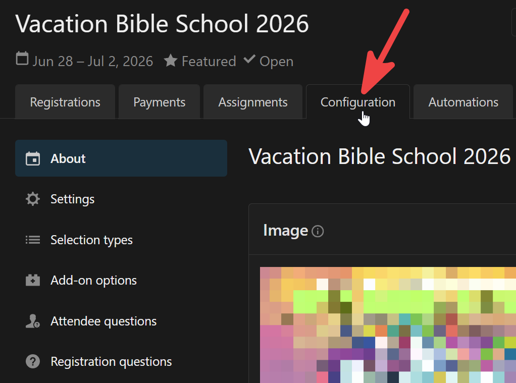 The Configuration tab in a Planning Center Registrations signup.