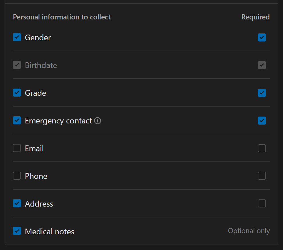 Personal information to collect with each registration.